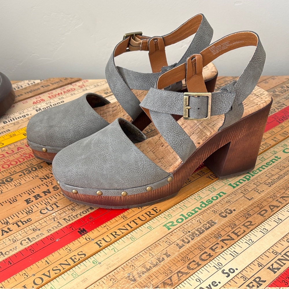 Kork-Ease Gray Mules with Wooden Heel